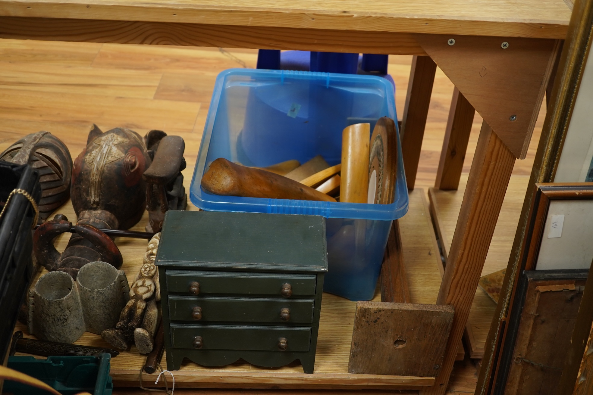 A painted pine miniature chest of drawers, various boot trees etc, chest 26cm x 26cm